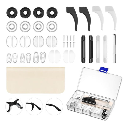 45-piece anti-slip eyeglasses retainer kit with nose pads, ear grips, ear hooks, and temple tips for glasses
