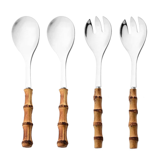 Bamboo Handle Salad Server Set – 2/4 Piece Stainless Steel Spoon & Fork Cutlery

